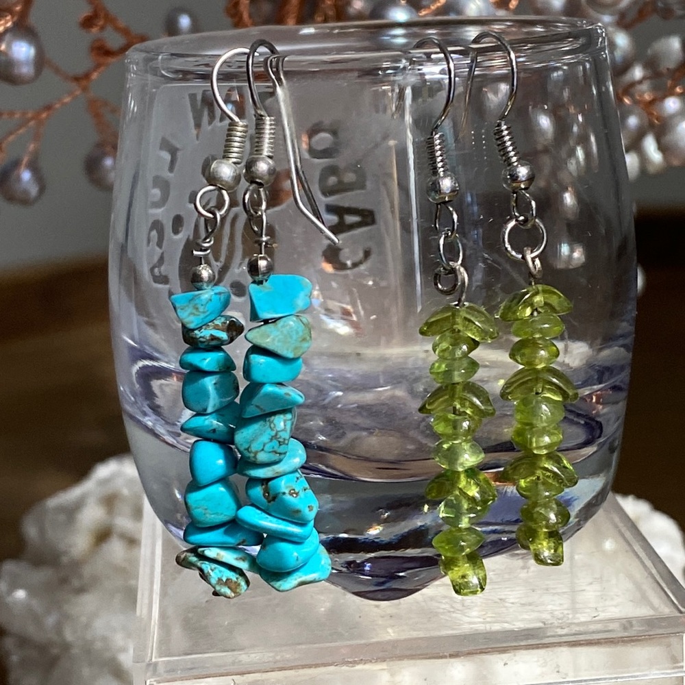 Turquoise and Peridot Chipped Gemstone Drop Dangle Drop Earrings - 2 Pair Set